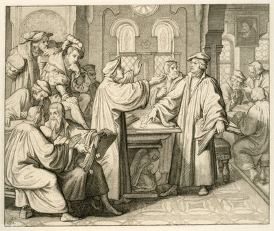 Luther et Ulrich Zwingli (1494-1531) discutant du sacrement sans parvenir à un accord, à Marburg en 1529 - Gustav Ferdinand Leopold Konig