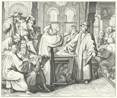 Martin Luther discutant du sacrement avec Huldrych Zwingli (gravure) - Gustav Ferdinand Leopold Konig