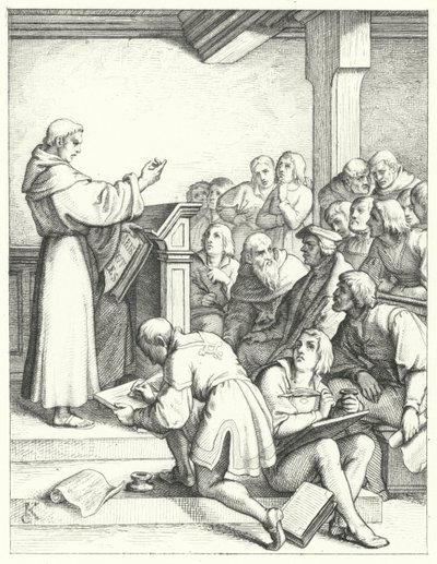 Martin Luther dans une conférence de philosophie et de théologie pour son diplôme de bachelier (gravure) - Gustav Ferdinand Leopold Konig