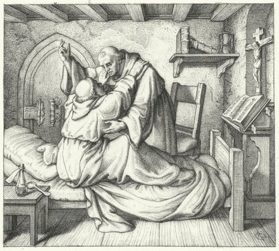 Martin Luther est consolé par un moine pendant son tourment spirituel au monastère (gravure) - Gustav Ferdinand Leopold Konig