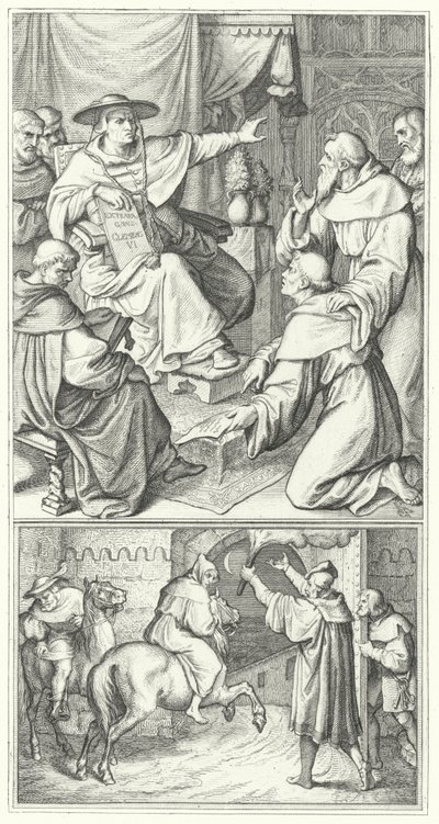 Martin Luther quittant le légat du Pape à Wittenberg, Thomas Cajetan (haut). Martin Luther quittant la ville d