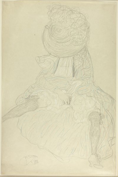 Femme assise de face avec chapeau, visage voilé - Gustav Klimt