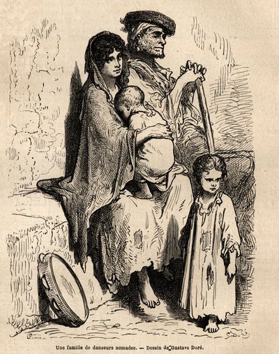Une famille de danseurs nomades se reposant dans les rues de Séville. Croquis pris sur le vif par Gustave Doré (1832-1883). Gravure pour illustrer le voyage en Espagne, en 1862 par Charles Davillier et Gustave Doré, dans « Le tour du monde, nouveau journal - Gustave Dore
