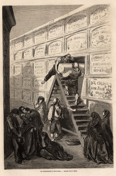 Funérailles à Barcelone, dessin de Gustave Doré, pour illustrer son voyage en Espagne avec C. Davillier en 1862. Gravure dans « Le tour du monde », édité par Edouard Charton - Gustave Dore