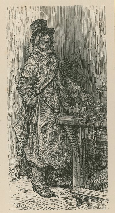 Un homme vendant ses marchandises depuis un étal de marché - Gustave Dore