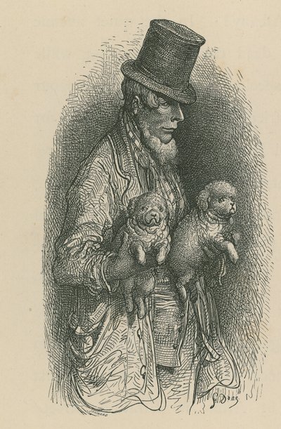 Un homme portant un haut-de-forme tenant deux chiens dans ses mains - Gustave Dore