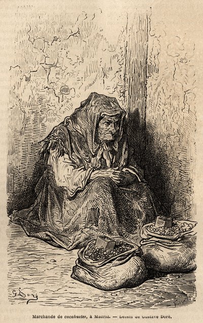 Un marchand de cacahuètes, croquis sur le vif à la Puerta del Sol, à Madrid. Gravure par Gustave Doré (1832-1883) pour illustrer son voyage en Espagne, avec Ch. Davillier (rédacteur), en 1862, publiée dans « Le tour du monde » 1869, éditée par Edouard Char - Gustave Dore