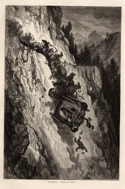 Un accident de diligence, dessin par Gustave Doré (1832-1883), pour illustrer son voyage en Espagne, avec C. Davillier, en 1862. Gravure dans « Le tour du monde », édité par Edouard Charton - Gustave Dore