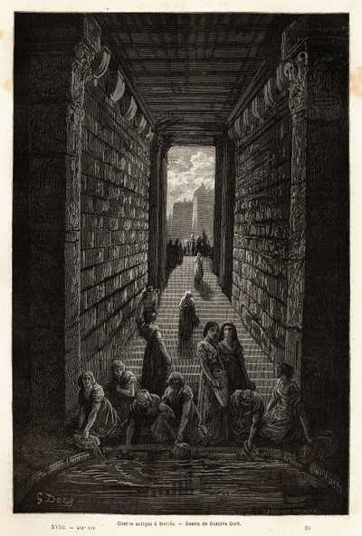 Une citerne antique, encore en usage, à Mérida. Gravure pour illustrer le voyage en Espagne par Gustave Doré (1832-1883) illustrateur et le baron Ch. Davillier rédacteur, en 1862, publié dans « Le tour du monde, nouveau journal des voyages » - Gustave Dore