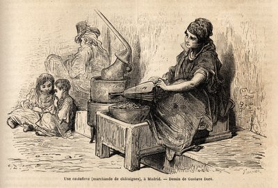 Une marchande de châtaignes en plein air, avec son four portable, croquis sur le vif à la Puerta del Sol, à Madrid. Gravure par Gustave Doré (1832-1883) pour illustrer son voyage en Espagne, avec Ch. Davillier (éditeur), en 1862, publié dans "Le tour du mo - Gustave Dore