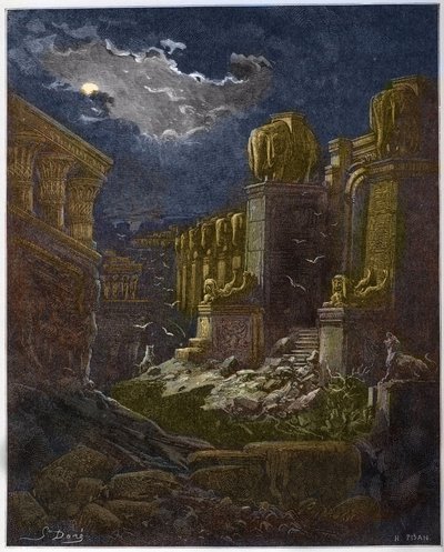 Babylone en ruine - La Chute de Babylone - Babylone en ruine (vision de Saint Jean) - Gravure dans « La Bible illustrée » par Gustave Doré (1832-1883) - Gravure de « La Bible de Doré » - Gustave Dore