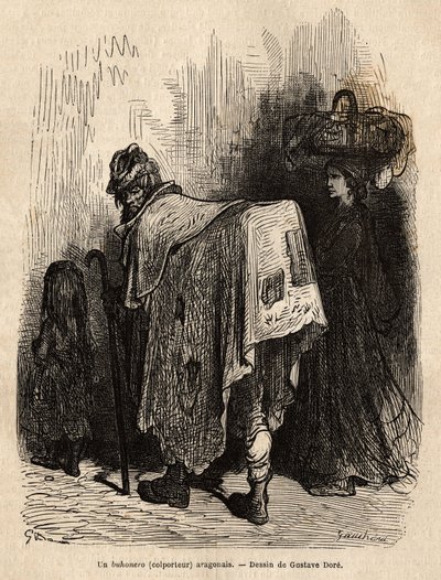 Buhonero, colporteur aragonais. Gravure pour illustrer le voyage en Espagne, par Charles Davillier, en 1862, publié dans "Le tour du monde" 1872, édité par Edouard Charton, édition Hachette, Paris. Collection Selva. - Gustave Dore
