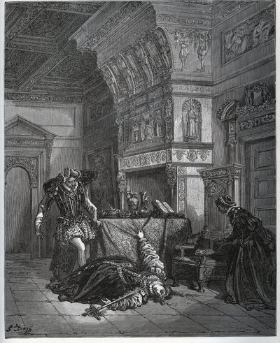 Camille feint le suicide devant Lothaire et Léonella - de « Don Quichotte de la Manche » par Miguel Cervantes - Gravure sur bois d