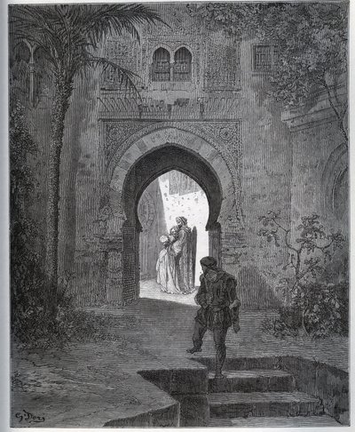 Histoire de captive. Première rencontre de la captive avec Zoraïde dans le jardin du père, qui la ramène après sa feinte malaise - de "Don Quichotte de la Manche" de Miguel Cervantes - Gustave Dore