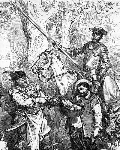 Don Quichotte, lance à la main et monté sur son cheval Rossinante, prêt à partir à l