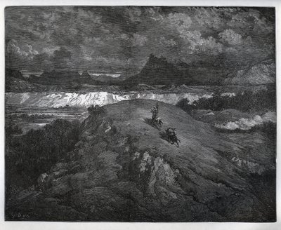 Don Quichotte et Sancho Panza continuant leurs aventures dans une région montagneuse, Sierra Morena - de "Don Quichotte de la Manche" par Miguel Cervantes (1547-1616) - Gravure sur bois d