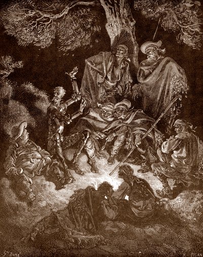 Don Quichotte et Sancho Panza avec les chevriers, gravure de Gustave Doré pour 
