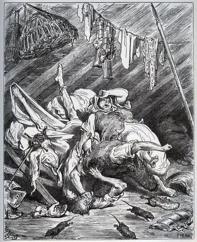 Don Quichotte et un muletier se battant pour Maritornes, la gouvernante, que Don Quichotte prend pour sa Dulcinée - de "Don Quichotte de la Manche" par Miguel Cervantes (1547-1616) - Gravure sur bois d