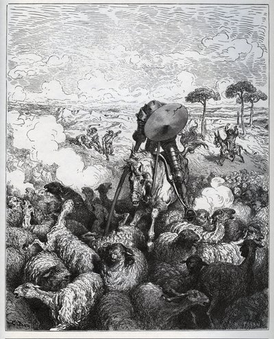 Don Quichotte attaque un troupeau de moutons, croyant qu