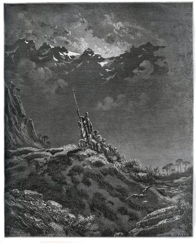 Don Quichotte part en mission pour Dorothée, accompagné de Sancho Panza, du barbier, de Dorothée, du curé et de Cardenio - de "Don Quichotte de la Manche" par Miguel Cervantes (1547-1616) - Gravure sur bois d