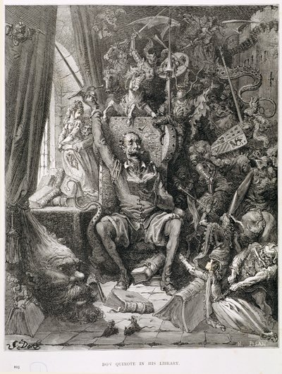 Don Quichotte dans sa bibliothèque, gravé par Heliodore Joseph Pisan (1822-90) c.1868 - Gustave Dore