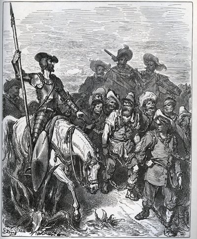 Don Quichotte interroge les forces sur les raisons de leurs condamnations - de « Don Quichotte de la Manche » par Miguel Cervantes (1547-1616) (Don Quichotte) - Gravure sur bois d