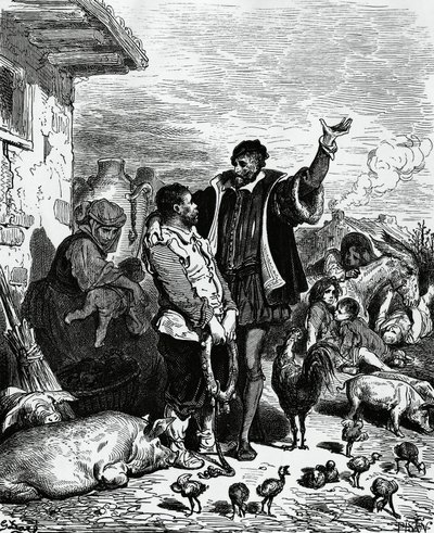 Don Quichotte emmenant Sancho Panza de chez lui et le nommant gouverneur, illustration de Gustave Doré pour l