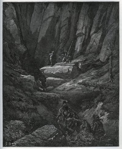Dorothée et le barbier viennent chercher Don Quichotte alors en pénitence - de « Don Quichotte de la Manche » par Miguel Cervantes - Gravure sur bois d