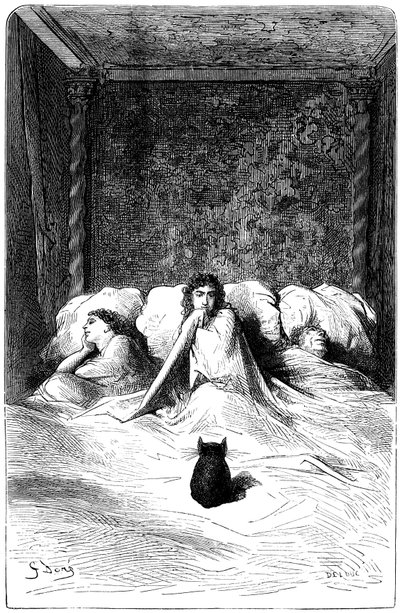 Gravure de Gustave Doré illustrant le roman de Théophile Gautier « Le Capitaine Fracasse ». Édition Charpentier 1863. Dans la résidence du Baron de Sigognac, le « Château de la Misère », une troupe de comédiens a trouvé refuge. Trois actrices se sont endor - Gustave Dore