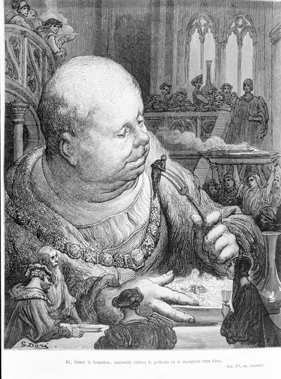 Extrait de Gargantua (1534) de François Rabelais : Et, tirant le bourdon, ensemble ôta le pèlerin et le mangea très bien. Gravure de Gustave Doré - Gustave Dore