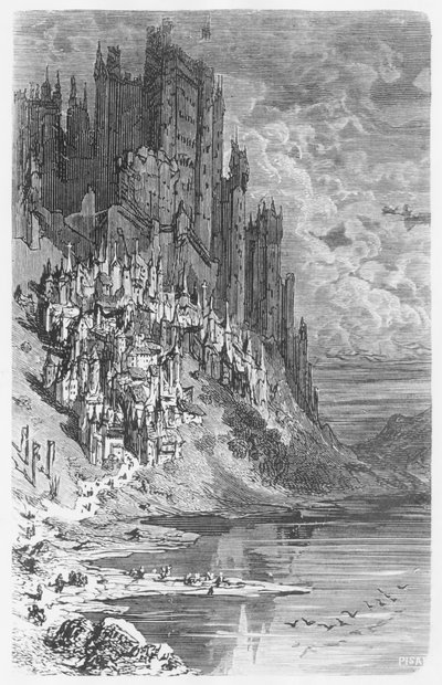 Paysage fantastique avec ville et château, illustration des 