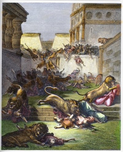 Étrangers dévorés par des lions en Samarie - Ancien Testament. Personnes dévorées par des lions en Samarie - gravure dans « La Bible illustrée » par Gustave Doré - Gravure de « La Bible de Doré » - Gustave Dore