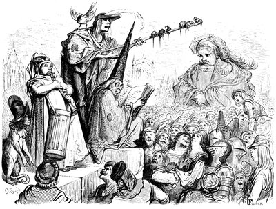 Éducation de Gargantua : il allait écouter des leçons publiques, des actes solennels, des répétitions, des déclamations, des plaidoiries de bons avocats, des discours de prédicateurs évangélistes... Gravure de Gustave Doré illustrant l
