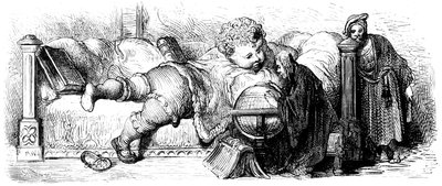 Éducation de Gargantua : le géant, enfant, est allongé sur son lit, étudiant un globe avec ses enseignants. Illustration de Gustave Doré pour l