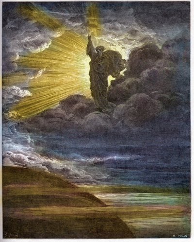 Dieu créant la lumière - La Création de la lumière - Ancien Testament (Genèse) - Création de la lumière - gravure dans « La Bible illustrée » par Gustave Doré (1832-1883) - Gravure de « La Bible de Doré » - Gustave Dore