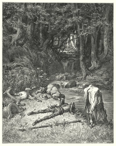 Don Quichotte de Gustave Doré: "Une prairie, arrosée par un ruisseau, les invita à descendre" - Gustave Dore