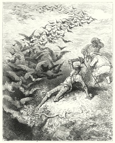 Don Quichotte de Gustave Doré : "Un nombre infini de corbeaux et de choucas surdimensionnés sortaient en se précipitant et en battant des ailes de la grotte" (gravure) - Gustave Dore