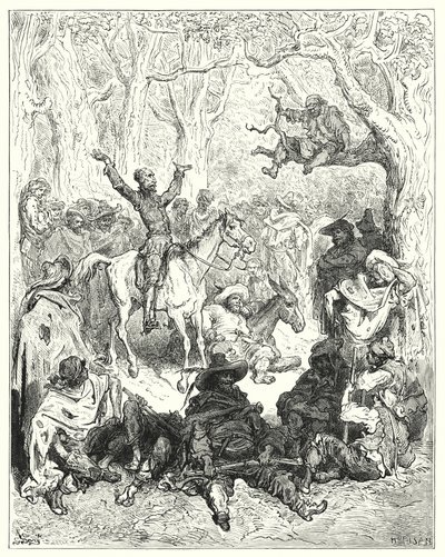 Don Quichotte de Gustave Doré: "Don Quichotte, monté sur Rozinante, déclamant très abondamment contre leur mode de vie" - Gustave Dore