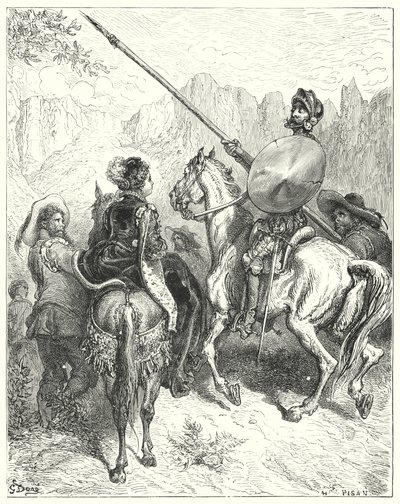 Don Quichotte de Gustave Doré : "Maintenant, madame," dit Don Quichotte, "laissez-moi vous prier de me dire par où nous devons aller, pour vous rendre service" - Gustave Dore