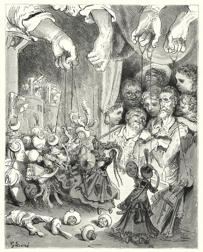 Don Quichotte de Gustave Doré: "Observez quelle vaste compagnie de cavaliers étincelants sort de la ville, à la poursuite des amants chrétiens" (gravure) - Gustave Dore