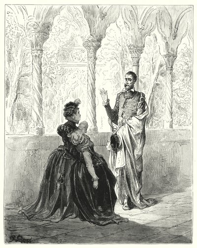 Don Quichotte : "Je vous en prie, mon Seigneur Don Quichotte, retirez-vous, car cette pauvre jeune créature ne reviendra pas à elle tant que vous serez là" (gravure) - Gustave Dore