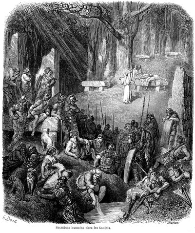 Sacrifice humain chez les Gaulois - druides, dolmen, menhir - gravure par Gustave Doré dans "L