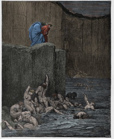 Enfer, Chant 18 : Les amants et les flatteurs dans le huitième cercle, illustration de "La Divine Comédie" de Dante Alighieri - Gustave Dore