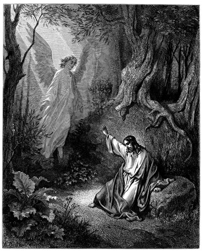 Jésus au Mont des Oliviers : un ange lui apparaît pour lui donner du courage - Illustration de Gustave Doré pour La Bible - Gustave Dore