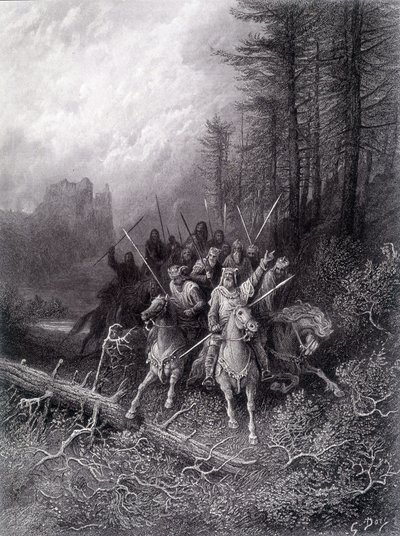 Le roi Arthur dans la forêt de Brocéliande (Cycle des Chevaliers de la Table Ronde) - dans "Viviane" par Alfred Tennyson, illustration de G. Doré - Gustave Dore