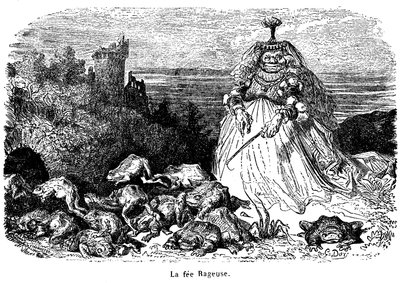 La fée Rageuse et son troupeau de crapauds : gravure de Gustave Doré pour illustrer le conte Pooh, par la Comtesse de Ségur, des Nouveaux Contes de Fées, Hachette 1896 - - Gustave Dore