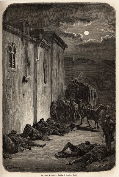Une nuit dans une relais à Jaen. Dessin de Gustave Doré, pour illustrer son voyage en Espagne en 1862, avec Ch. Davillier. Gravure dans « Le tour du monde », édité par Edouard Charton - Gustave Dore