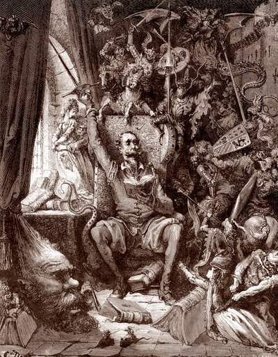 Représentation de Don Quichotte dans sa bibliothèque entouré des créatures de ses livres, gravure de Gustave Doré (1832-1883) pour L