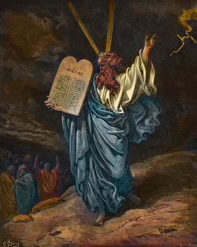 Représentation de Moïse avec les nouvelles Tables de la Loi sur le mont Sinaï - gravure par Gustave Doré (1832-1883) - coloration ultérieure - Gustave Dore