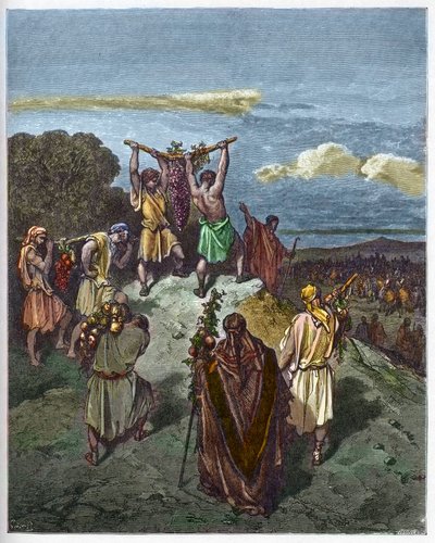 Retour du pays de Canaan - Le retour de Josué et Caleb avec une énorme grappe de raisin du pays de Canaan (Terre Promise) - gravure dans "La Bible illustrée" par Gustave Doré - Gravure de "La Bible de Doré" - Gustave Dore